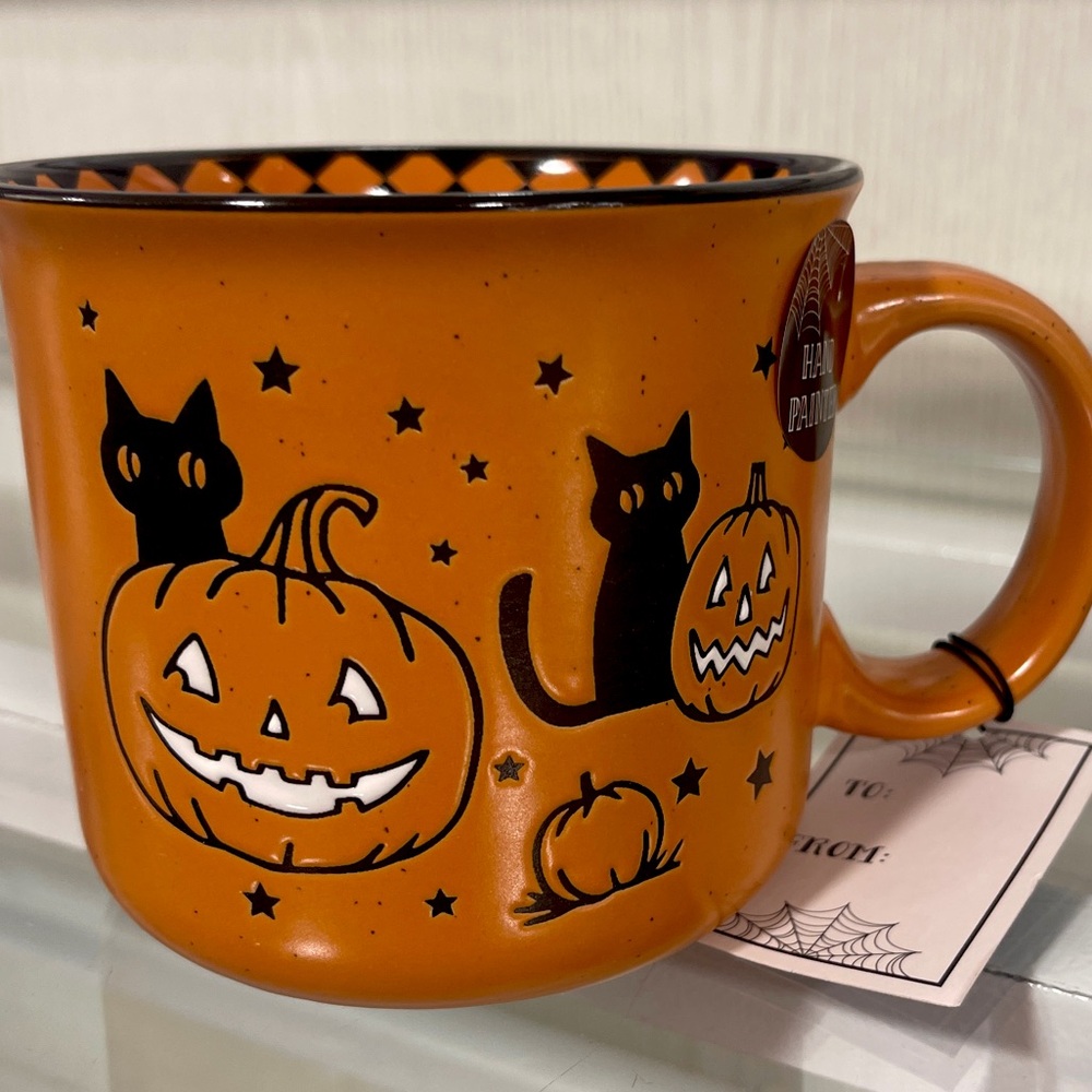 Halloween Black Cat Jack o’lantern Spooky Scene Orange Ceramic Coffee Mug NWT